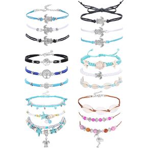 LOYALLOOK 18Pcs Anklet Bracelets for Womens Ankle Chain Turtle Wave Anklet Beach Ankle Bracelets Foot Jewelry for Women