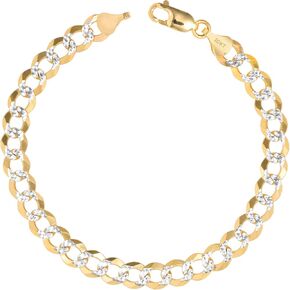 Nuragold 10k Yellow Gold Solid 7mm Cuban Chain Curb Link Diamond Cut Pave Two Tone Bracelet, Mens Jewelry 8" 8.5" 9"