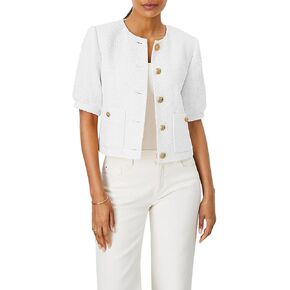 Women's Cropped Crew Neck Casual Tweed Blazer Elegant Work Office Puff Short Sleeve Jacket with Pockets