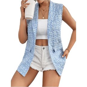 WDIRARA Women's Floral Print Jacquard Blazers Jackets Collar Sleeveless Open Front Jacket with Pockets