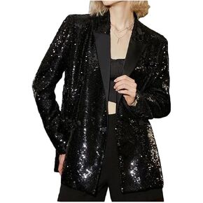 Women's Double Breasted Sequins Blazer Notch Lapel Loose Style Jacket with Long Sleeves Prom Coat
