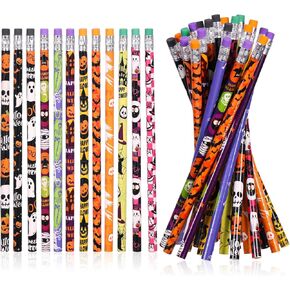 24 Pieces Halloween Pencils with Eraser Assortment Halloween Themed Pencil Ghost Pumpkin Skeleton Bat Spider Wooden Pencils for Halloween Party Favor Supplies, 12 Style(24)