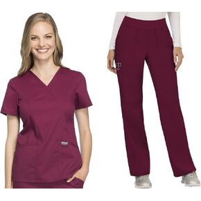 Cherokee Scrub Set for Women, Modern Classic Fit Mock Wrap Top WW610 with Mid Rise, Straight Leg Pant WW110, Wine- M Top/M Petite Pant