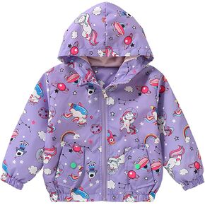 سترة واقية خفيفة الوزن بغطاء للرأس للفتيات الصغيرات من DDSOL - سترة بسحاب بطباعة كرتونية وحيد القرن والبومة للربيع/الخريف (الأعمار 2-8) in Kuwait