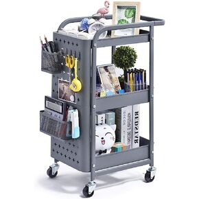 KINGRACK 3-Tier Rolling Cart, Metal Utility Cart with Pegboard, Storage Trolley Organizer Serving Cart with Handle and Extra Baskets Hooks for Kitchen Office Teacher Classroom, Grey