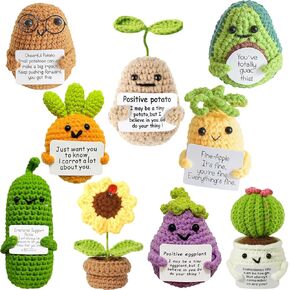 Mini Positive Potato Crochet Gift,Emotional Support Pickle,9PCS Cute Funny Positive Vegetables Wool Knitted Doll with Positive Card,Encouragement Birthday Gift for Friends Room Decor