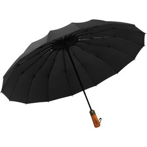 16 Ribs Windproof Folding Travel Umbrella with Wooden Handle - Collapsible & Portable for Men and Women