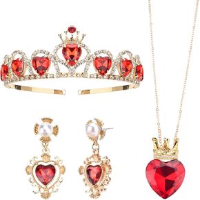 Queen Heart Crown Evie Gold Tiara Red Heart Necklace and Stud Earrings, Red Queen Hearts Accessories for Girls Teen Halloween Christmas Birthday Costume