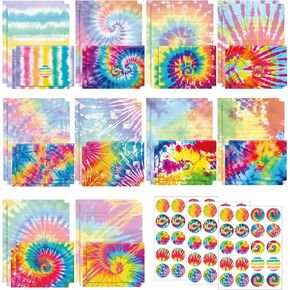 160 Packs Tie Dye Stationery Paper Set Rainbow Girl Stationery Writing Paper Matching Envelopes Round Dot Sticker 10 Design for Kids School Office Birthday Party Gift Letter Writing Kit 5.9" x 8.26 "