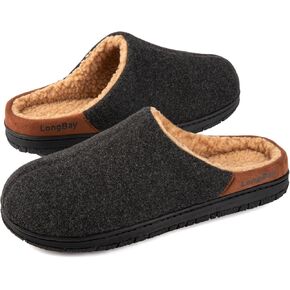 LongBay Men's Fuzzy Sherpa Lined Slippers Warm Memory Foam Non-slip Slippers Slip-on House Shoes for Indoor Outdoor