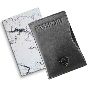 Alban Passport Cover Holder RFID Leather Travel Organizer Sleeve for Men and Women White Marble & Black Duo