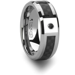 Mens Tungsten Carbide Black Carbon Fiber Black Diamond Wedding Ring - Polished Beveled Comfort Fit - 8mm Wide - Style name: BENTLEY