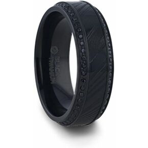 Mens Polished Black Titanium Black Damascus Steel Inlaid Black Sapphire Beveled Edges Wedding Ring - 8mm Wide - Style name: TROPHY