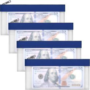 4 Pieces Money Bags With Zipper, Cash Envelopes,7.6 x 3.7 inch Money Pouch, Clear Bank Deposit Bags, Bank Bag, Cash Bag, Coin Bag for Collectors, Multi-Purpose Check Wallet with 4 Colors