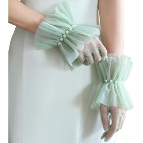 Green Mesh Gloves Short Ruffled Tulle Gloves with Pearls Elegant Tea Party Gloves Formal Costume Accessories for Women