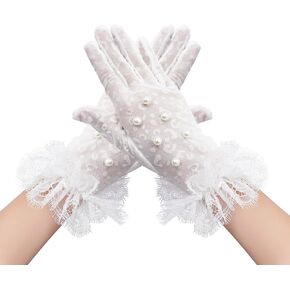 Short Lace Gloves White Lace Gloves Wedding Gloves Opera Tea Party Gloves for Women Gloves Lace Gloves With Pearls on the Back