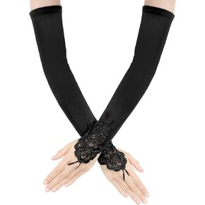 Women 20s Satin Gloves, Formal Long Gloves Stretchy Fingerless Gloves Vintage Opera Evening Gloves Elbow Length Satin Gloves Costume for Women Girls Bridal Wedding Opera 1920s Party Accessories, Black