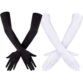 2 Pair Long Black White Opera Party Gloves for Women 1920s Stretchy Elbow Length Gloves Costumes Bridal Wedding, 21 Inch