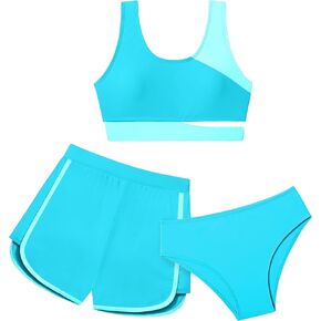Girls Swimsuit Bikini Set 3 Piece Girls Bathing Suits Cutout Color Block Kids Girl Swimwear with Shorts Size 9 Size 10 Green Blue