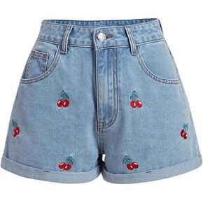 WDIRARA Women's Cherry Embroidery Denim High Waist Shorts Rolled Hem Shorts