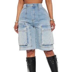 Women's High Waist Denim Shorts Straight Leg Raw Hem Jean Shorts Summer Hot Pants with Pockets