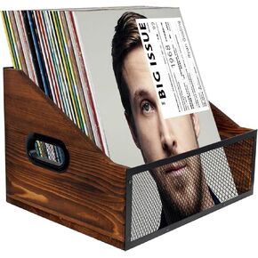 S&H Kaide Vinyl Record Storage,Rustic Vinyl Record Holder,Record Crates for Vinyl,Pine Wood & Metal Record Box for Display,60-Record Capacity LP Album Organizer