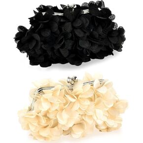 2 Pcs Floral Appliques Clutch Evening Handbags for Women Mini Bucket Bag t Black and Beige