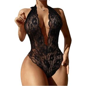 OYOANGLE Women's One Piece Mesh Lace Lingerie Deep V Neck Bodysuit Teddy Babydoll