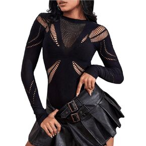 SHENHE Women's Long Sleeve Fishnet Bodysuit Hollow Out Sheer Sexy Bodysuit Lingerie Rave Club Outfits