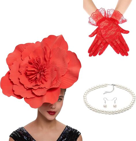 مجموعة من 4 قطع من قبعة الزهور الكبيرة للنساء وعصابة رأس لحفلات الشاي مع قفازات من الدانتيل ومجموعة أقراط قلادة للنساء والفتيات in Kuwait