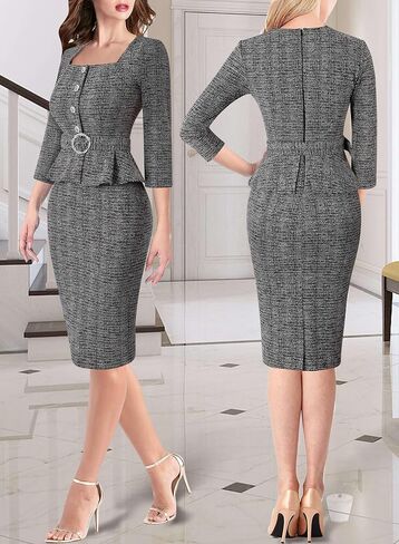 VFSHOW Womens Square Neck Peplum Buttons Belted Business Work Office Slim Pencil Sheath Dress in Saudi Arabia