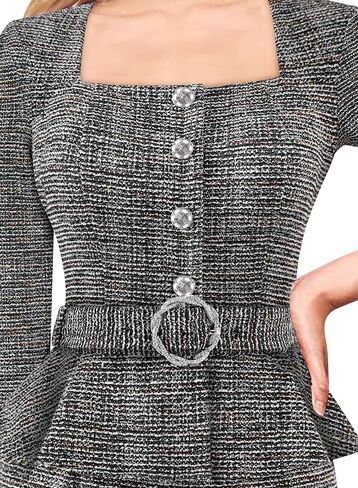 VFSHOW Womens Square Neck Peplum Buttons Belted Business Work Office Slim Pencil Sheath Dress in Saudi Arabia