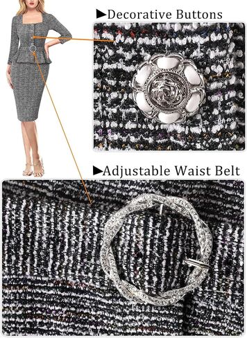 VFSHOW Womens Square Neck Peplum Buttons Belted Business Work Office Slim Pencil Sheath Dress in Saudi Arabia