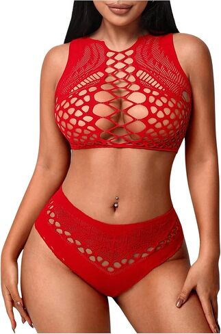 MakeMeChic Women's 2 Piece Exotic Lingerie Set Hollow Out Crochet Bra and Panty Set in Saudi Arabia