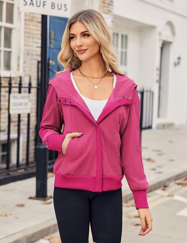 Zeagoo Womens Corduroy Knit Hoodies Zip Up Shirt Jacket Slouchy Short Jackets Casual Long Sleeve Shackets in Saudi Arabia