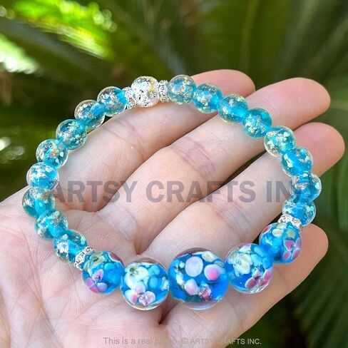 ARTSY Crafts Lily Garden Glow in the Dark Firefly Bead الأساور القلائد، مصنوعة يدويًا في الولايات المتحدة الأمريكية Murano Firefly Glass Jewelry، زهرة مضيئة الخرز حورية البحر كريستال سوار الإسورة in Kuwait