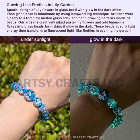 ARTSY Crafts Lily Garden Glow in the Dark Firefly Bead الأساور القلائد، مصنوعة يدويًا في الولايات المتحدة الأمريكية Murano Firefly Glass Jewelry، زهرة مضيئة الخرز حورية البحر كريستال سوار الإسورة in Kuwait