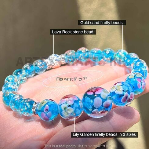 ARTSY Crafts Lily Garden Glow in the Dark Firefly Bead الأساور القلائد، مصنوعة يدويًا في الولايات المتحدة الأمريكية Murano Firefly Glass Jewelry، زهرة مضيئة الخرز حورية البحر كريستال سوار الإسورة in Kuwait