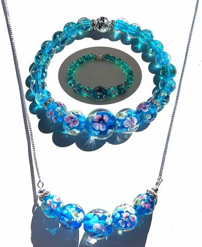 ARTSY Crafts Lily Garden Glow in the Dark Firefly Bead الأساور القلائد، مصنوعة يدويًا في الولايات المتحدة الأمريكية Murano Firefly Glass Jewelry، زهرة مضيئة الخرز حورية البحر كريستال سوار الإسورة in Kuwait