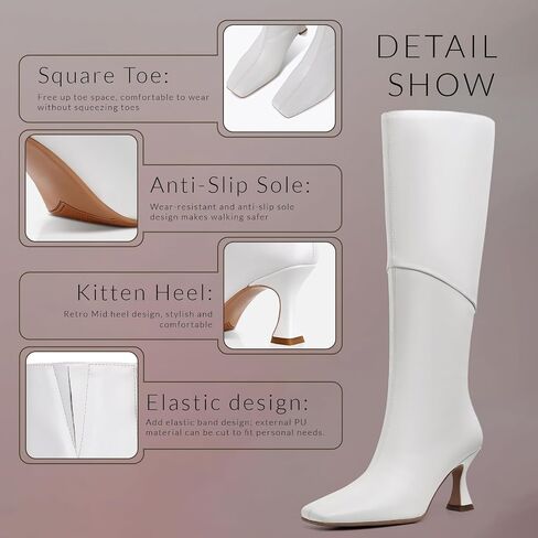 CYNLLIO Knee High Boots Women Square Toe Kitten High Heel Tall Boots Fashion Side Zipper Stiletto Heel Long Boots in Saudi Arabia