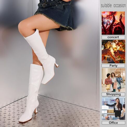 CYNLLIO Knee High Boots Women Square Toe Kitten High Heel Tall Boots Fashion Side Zipper Stiletto Heel Long Boots in Saudi Arabia