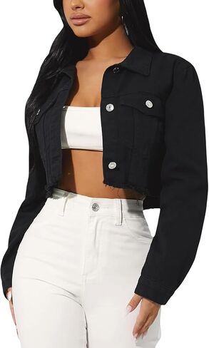 FairBeauty Women's Washed Distressed Denim Jacket Long Sleeve Ripped Button Up Cropped Jean Jacket in Saudi Arabia