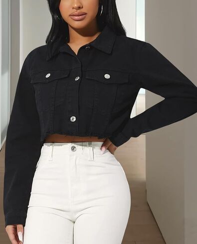 FairBeauty Women's Washed Distressed Denim Jacket Long Sleeve Ripped Button Up Cropped Jean Jacket in Saudi Arabia