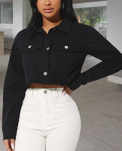FairBeauty Women's Washed Distressed Denim Jacket Long Sleeve Ripped Button Up Cropped Jean Jacket in Saudi Arabia