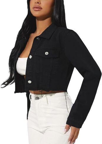 FairBeauty Women's Washed Distressed Denim Jacket Long Sleeve Ripped Button Up Cropped Jean Jacket in Saudi Arabia