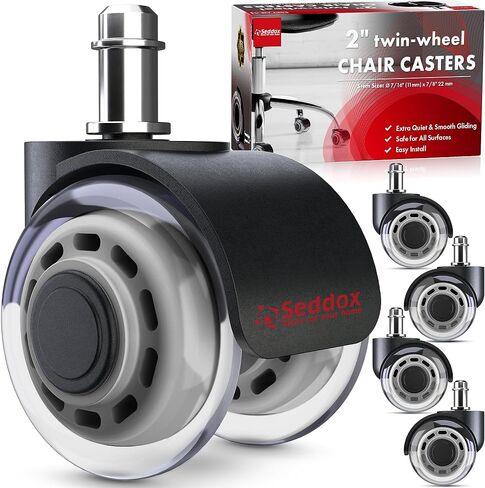 SEDDOX Office Chair Wheels Replacement Set of 5 - Dual 2 Inch Soft Chair Casters for Hardwood Vinyl Tile - Heavy Duty & Safe for All Floors - Fits 98% of Computer Gaming & Office Chairs - Black in Saudi Arabia