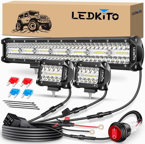 20 Inch LED Light Bar and 2PCS 4 Inch LED Pod Lights with Switch 16AWG 3 Leads Wiring Harness Triple Row Spot Flood Combo Off Road Light LED Bar Light for Pickup Je-ep Truck Tractor UTV Boat in Kuwait