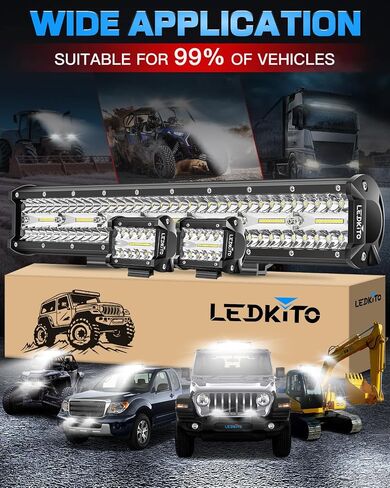 20 Inch LED Light Bar and 2PCS 4 Inch LED Pod Lights with Switch 16AWG 3 Leads Wiring Harness Triple Row Spot Flood Combo Off Road Light LED Bar Light for Pickup Je-ep Truck Tractor UTV Boat in Kuwait