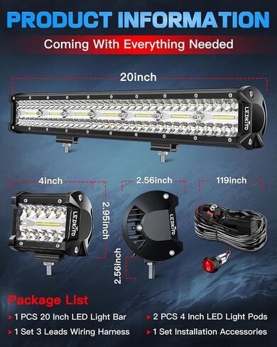 20 Inch LED Light Bar and 2PCS 4 Inch LED Pod Lights with Switch 16AWG 3 Leads Wiring Harness Triple Row Spot Flood Combo Off Road Light LED Bar Light for Pickup Je-ep Truck Tractor UTV Boat in Kuwait