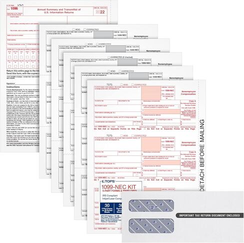 TOPS 1099 NEC 3 Up Forms 2022, Tax Forms Kit for 30 Recipients, 5 Part NEC Tax Form Sets with Self Seal 1099 Envelopes and 3 1096 (TX22905NEC-22) in Saudi Arabia